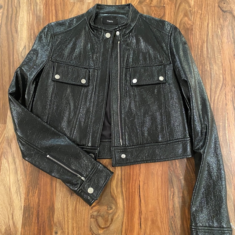 Theory faux patent leather cropped jacket in black